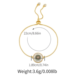 Detailed view of evil eye bracelet with dimensions, zircon inlay and adjustable slide clasp