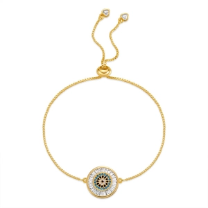 Adjustable gold evil eye bracelet with cubic zirconia and turquoise stones on white background