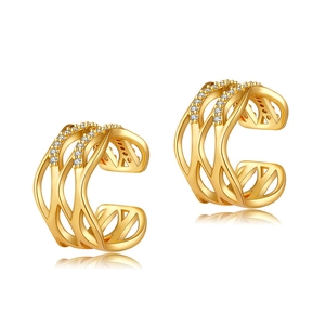 Minimalist gold ear cuff with multi-layer crisscross design and sparkling zircon stones