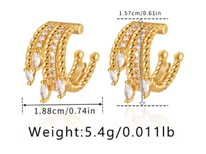 Detailed size chart of gold-plated ear cuff with cubic zirconia and twisted rope texture