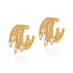 Gold-plated vintage ear cuffs with marquise-cut zircons and twisted rope textures