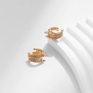 Bohemian gold-plated C-shaped ear cuff with zircon inlay and braided rope textures