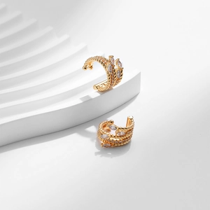 Bohemian gold 18K plated C-shaped cuff earrings with sparkling zircon stones