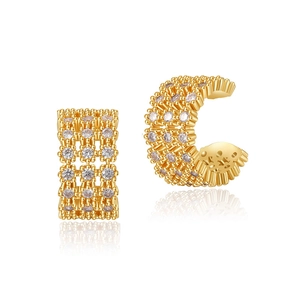 Luxurious 18K gold plated ear cuff with pavé set cubic zirconia and textured grid design