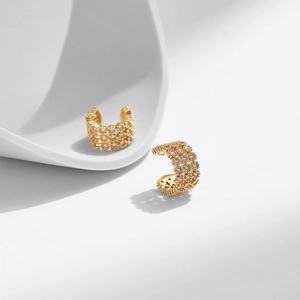 18K gold plated irregular C-shape ear cuff with pave set cubic zirconia stones