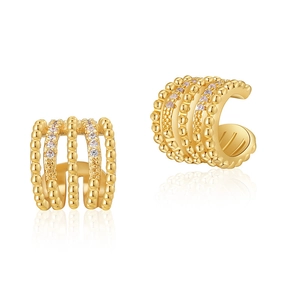 Modern 18K gold plated brass multi-layer C-shape ear cuff featuring beaded micro-inlay design