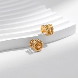 Modern 18K gold plated brass ear cuffs with multi-layer C-shape beaded texture design
