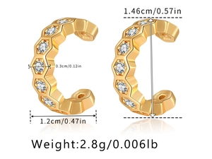 Detailed view of gold plated honeycomb ear cuff with dimensions and cubic zirconia studs