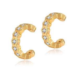 C-shaped 18K gold plated ear cuffs with hexagonal zircon patterns and mirror reflection