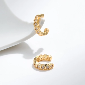 18K gold plated honeycomb cuff earrings with cubic zirconia and C-shaped design