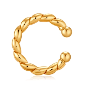 Polished 18K gold plated twisted rope ear clip with open C-shape and round metal beads