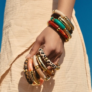 Bohemian elastic acrylic bead bracelets with marble texture and gold metal spacers