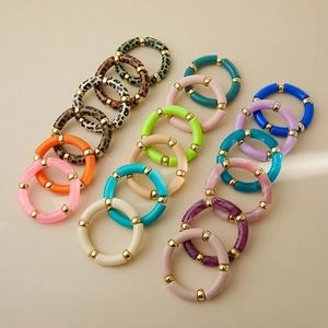 Colorful Bohemian stretch resin tube bracelets set with leopard print and gold metal beads