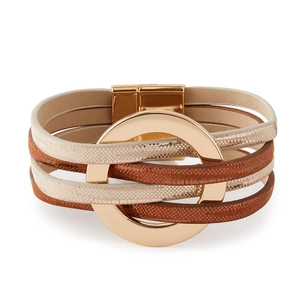 Bracelet bohème multicouche en cuir avec fermoir doré circulaire et fermeture aimantée
