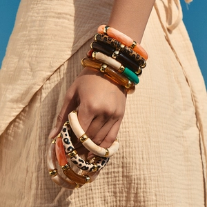 Bohemian Acrylic Bamboo Tube Elastic Bracelet For Women Vintage Marble Leopard Print Resin Bangle With Gold Spacer Beads