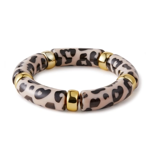 Handmade leopard print acrylic bamboo link bracelet with golden metallic spacer beads