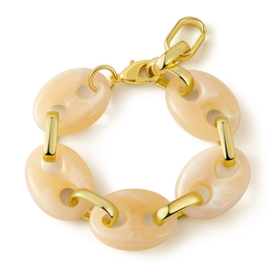 Detailed macro view of creamy white marble resin links connected with golden metal rings