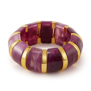 Bracelet extensible en résine violette marbrée avec des séparateurs dorés