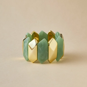 Pulsera elástica geométrica de metal dorado y resina con efecto mármol verde