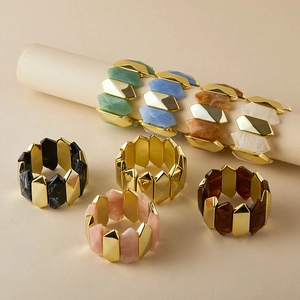 Brazalete Elástico Vintage de Bloques Geométricos Metal Dorado Resina Patrón de Mármol Pulsera Ancha para Mujer Joyería