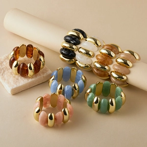 Handmade colorful marble texture acrylic beaded bracelets with gold metallic accents