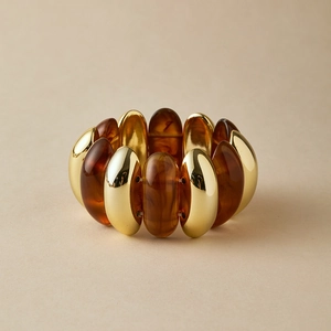 Handmade wide elastic bracelet with gold metal and amber resin blocks for women