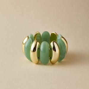 Handmade beaded bracelet with green resin texture beads and polished gold metal accents