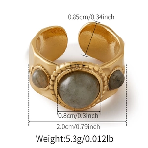 Detailed size chart for vintage hammered gold ring with three grey stone inlays