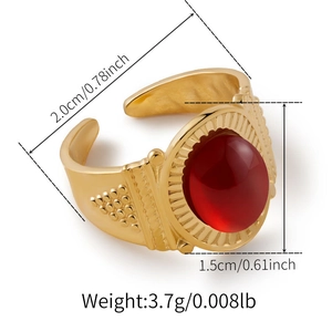 Detailed dimensions of gold open ring with red stone and boho relief textures