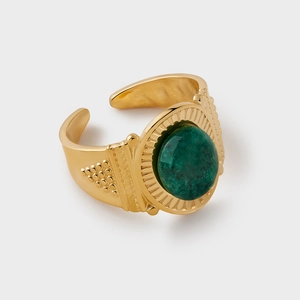Detailed top view of a gold-plated vintage ring featuring an oval green stone and relief patterns