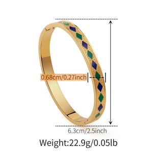 Dettaglio di un bracciale in acciaio dorato con motivi geometrici blu e verdi