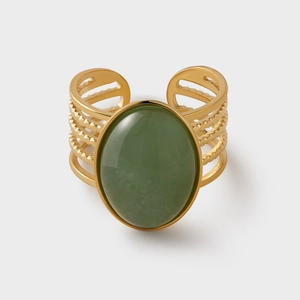 Top view of gold-plated wide ring featuring an oval green stone and tiered hollow bands