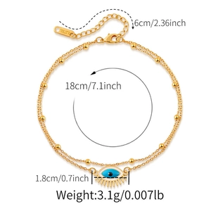 Detail view of Evil Eye charm bracelet with S.STEEL stamp and dimension measurements