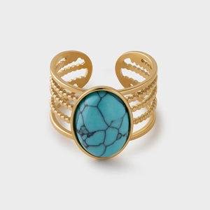 Detailed macro view of vintage gold ring featuring oval turquoise and five-layer band design