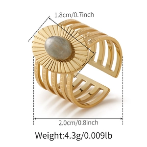 Detailed view of vintage gold ring featuring grey oval stone and hollow band structure
