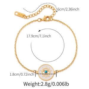 Detailed specs of evil eye charm bracelet with 17.9cm chain and 6cm extension