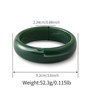 Detailed dimensions of dark green resin bangle with measurements of width and weight