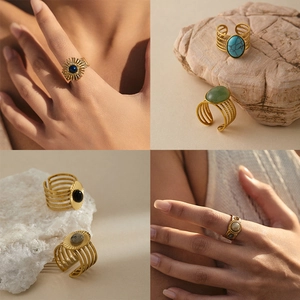 Vintage gold-plated stainless steel wide rings set with colorful turquoise stones
