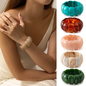 Irregular Wave Wide Resin Bangle Bracelet For Women Vintage Marbled Pattern Tortoise Shell Stretch Elastic Bracelet Fashion Jewelry