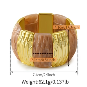 Detailed dimensions of wide bohemian marble resin and gold metal stretch bracelet