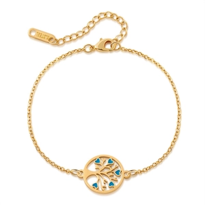 Detail of gold tree of life bracelet with blue heart accents and stainless steel tag