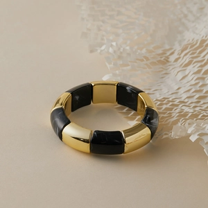 Modern marble pattern resin and gold metal block stretch bracelet for women