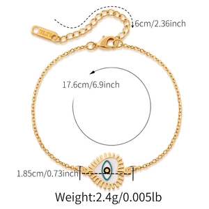Detail of gold evil eye heart bracelet showing 17.6cm length and lobster clasp