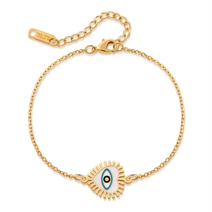 Detail of gold evil eye heart bracelet with stainless steel tag and adjustable chain