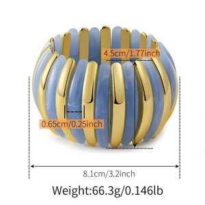 Detailed dimensions of blue marble acrylic cuff bracelet with elastic gold spacers