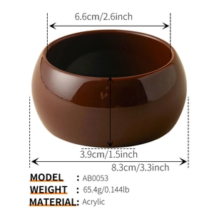 Macro detail of brown acrylic bangle showing dimensions and smooth polished finish