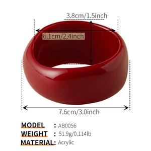 Detailed size parameters of the red acrylic wide bracelet showing diameter and width