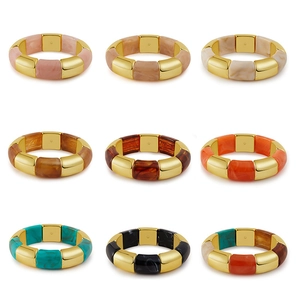 Retro acrylic geometric bracelets with gold metal accents in nine assorted colors