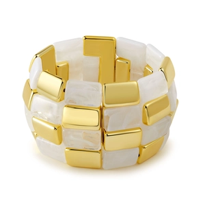 Chunky geometric stretch bracelet with gold metal and white marble resin block panels