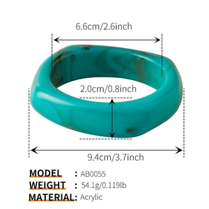 Detailed size chart of turquoise acrylic geometric bangle with marble texture details